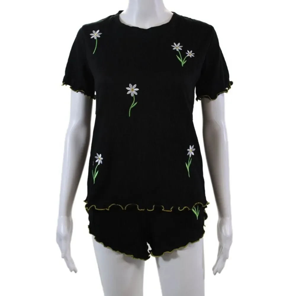 Emerson Road Womens Floral Embroidered Sleepwear Top + Short Set Black Size XS